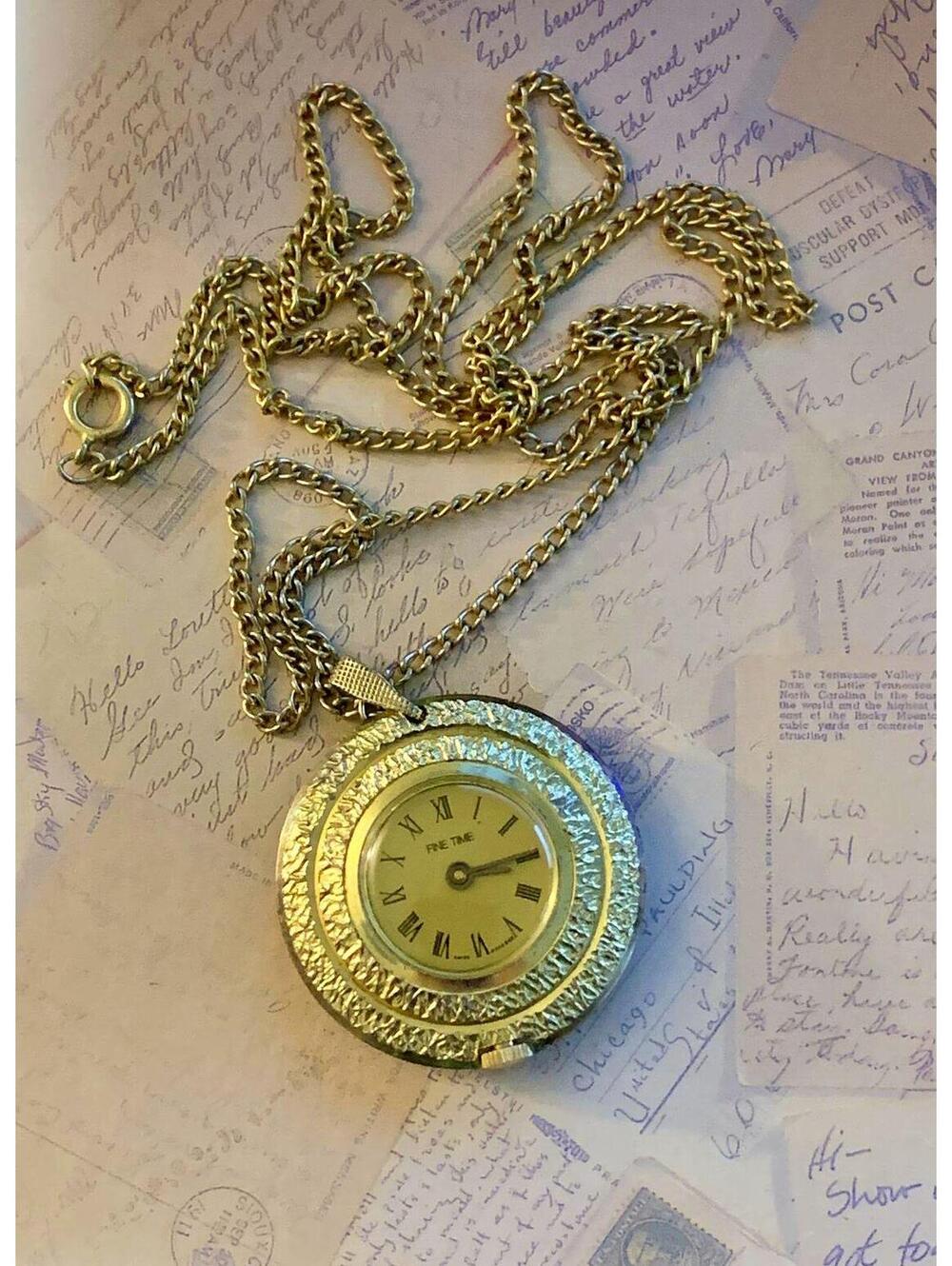 Fine Time Mechanical Watch Pendant Necklace Textured Warm Metal Long Chain 1970s